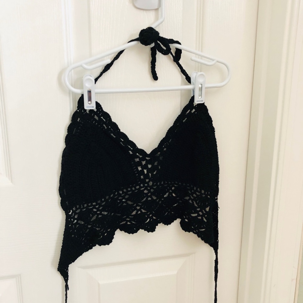 Black crocheted halter top
